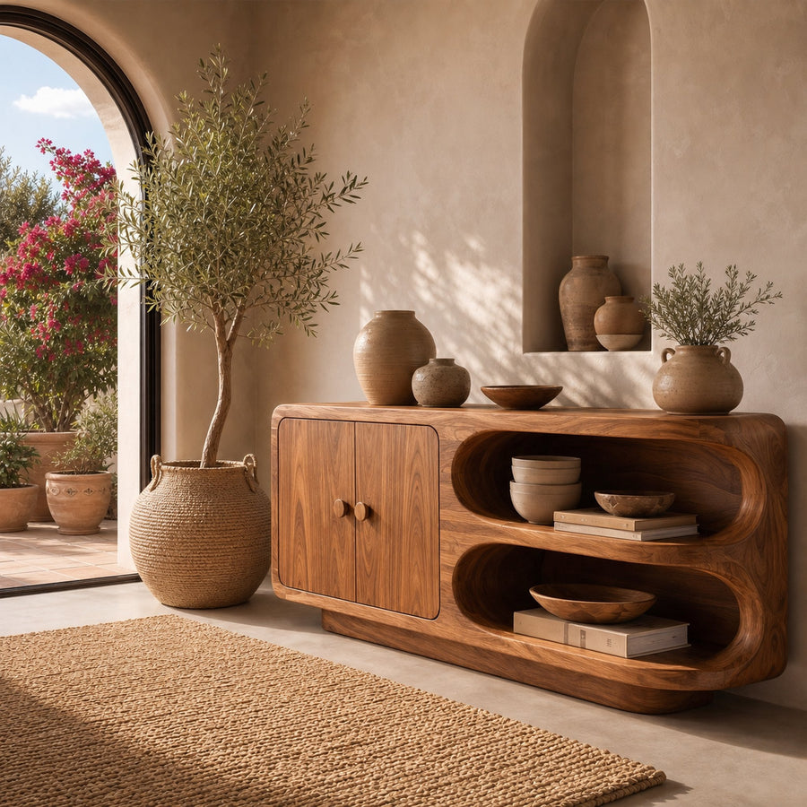 Organic Sideboard With Rounded Solid Wood Frame And Open Display Shelves For Living Room