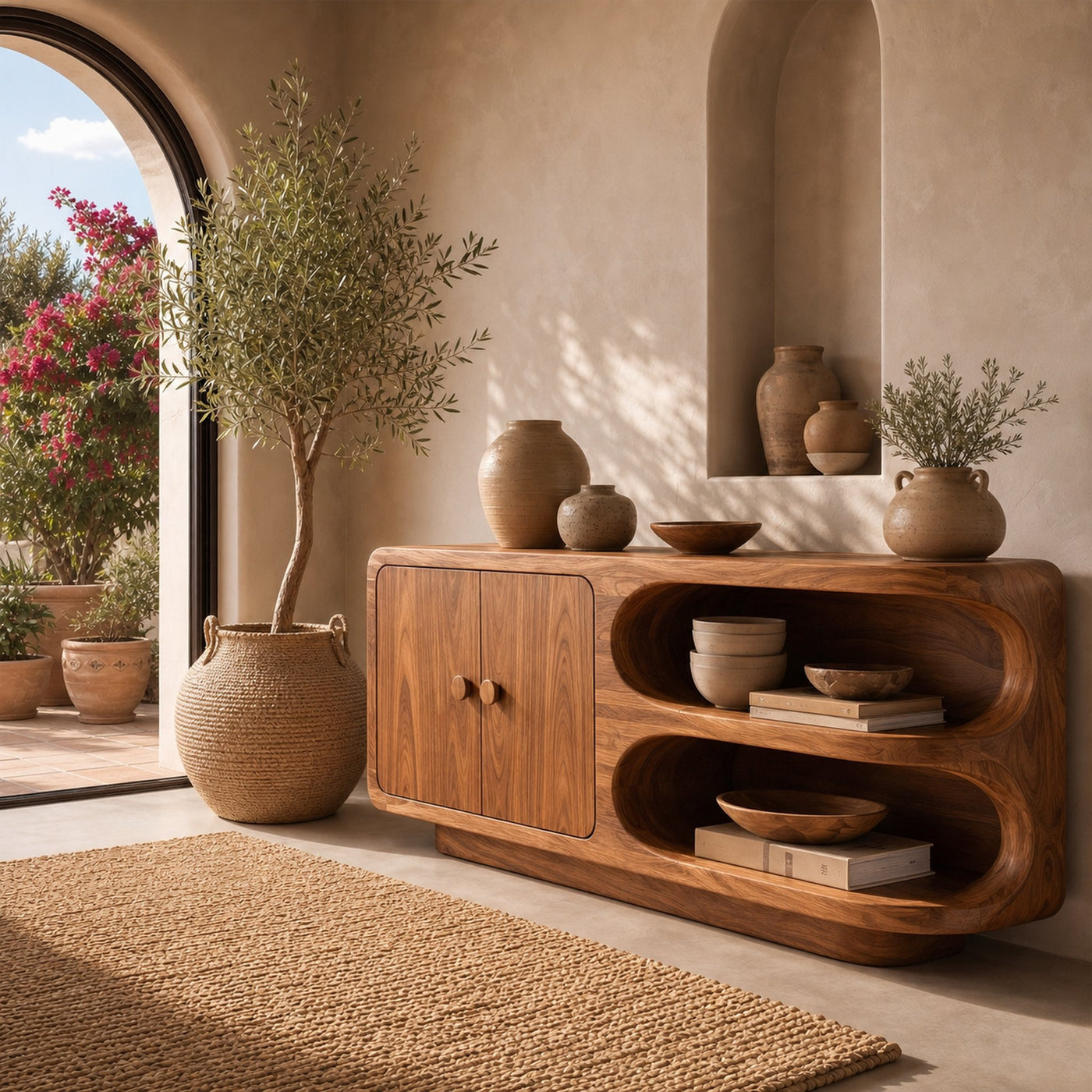Organic Sideboard With Rounded Solid Wood Frame And Open Display Shelves For Living Room