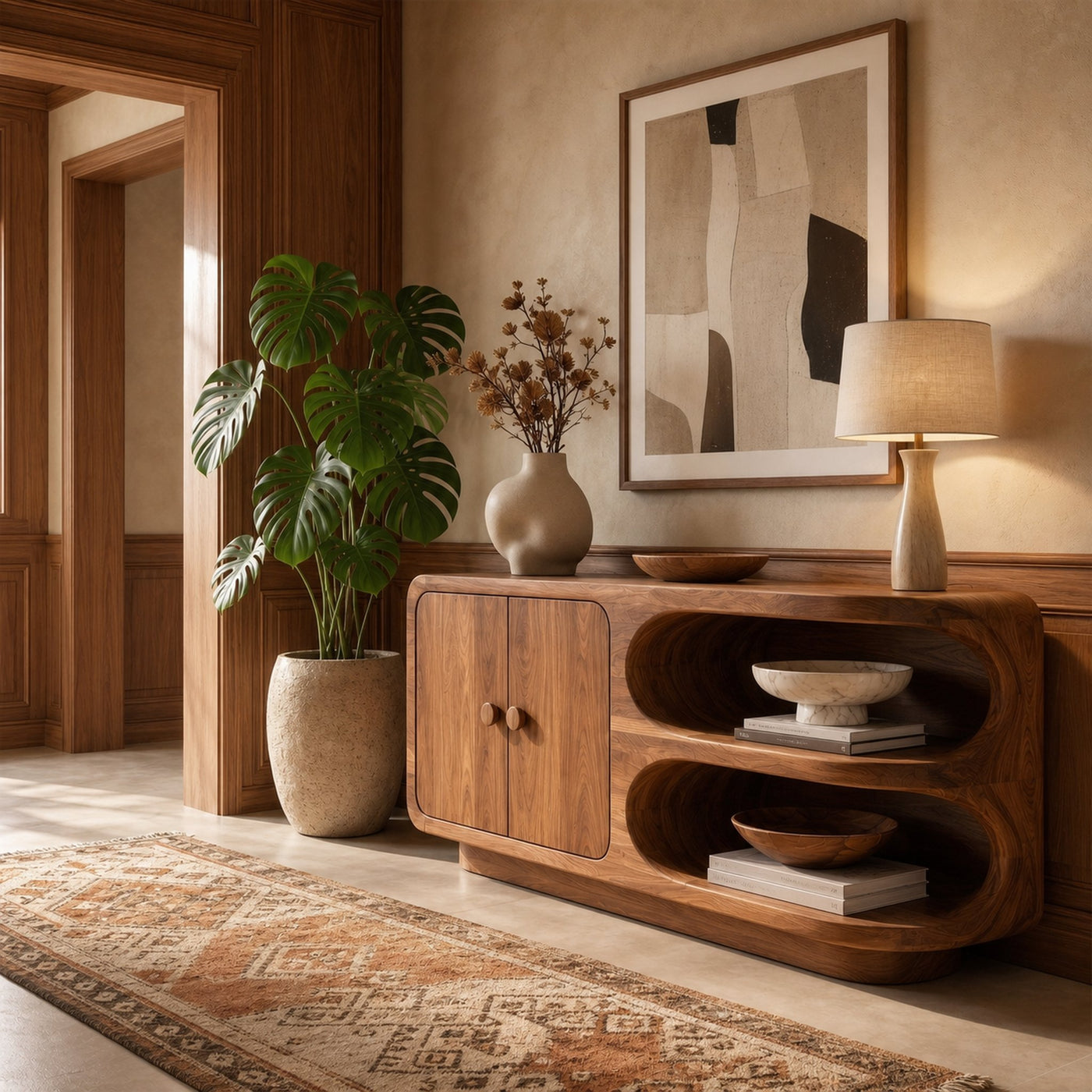 Organic Sideboard With Rounded Solid Wood Frame And Open Display Shelves For Living Room - product view 6
