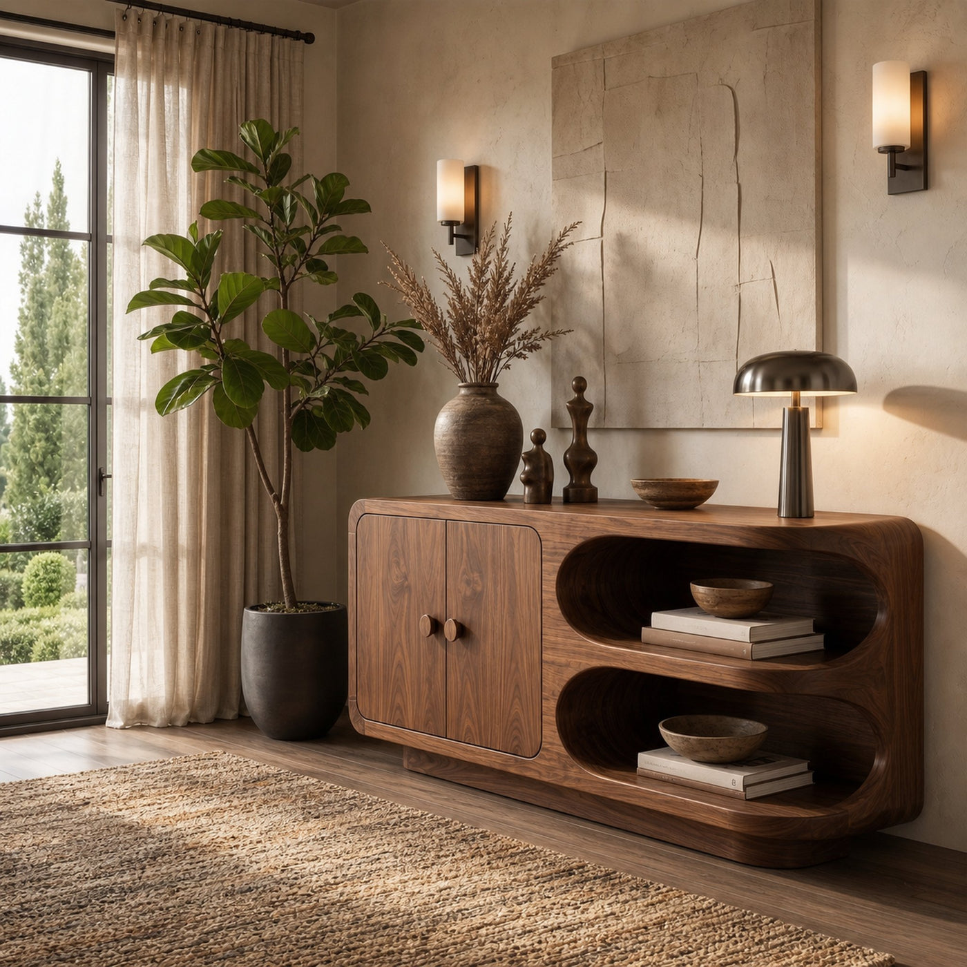 Organic Sideboard With Rounded Solid Wood Frame And Open Display Shelves For Living Room - product view 7