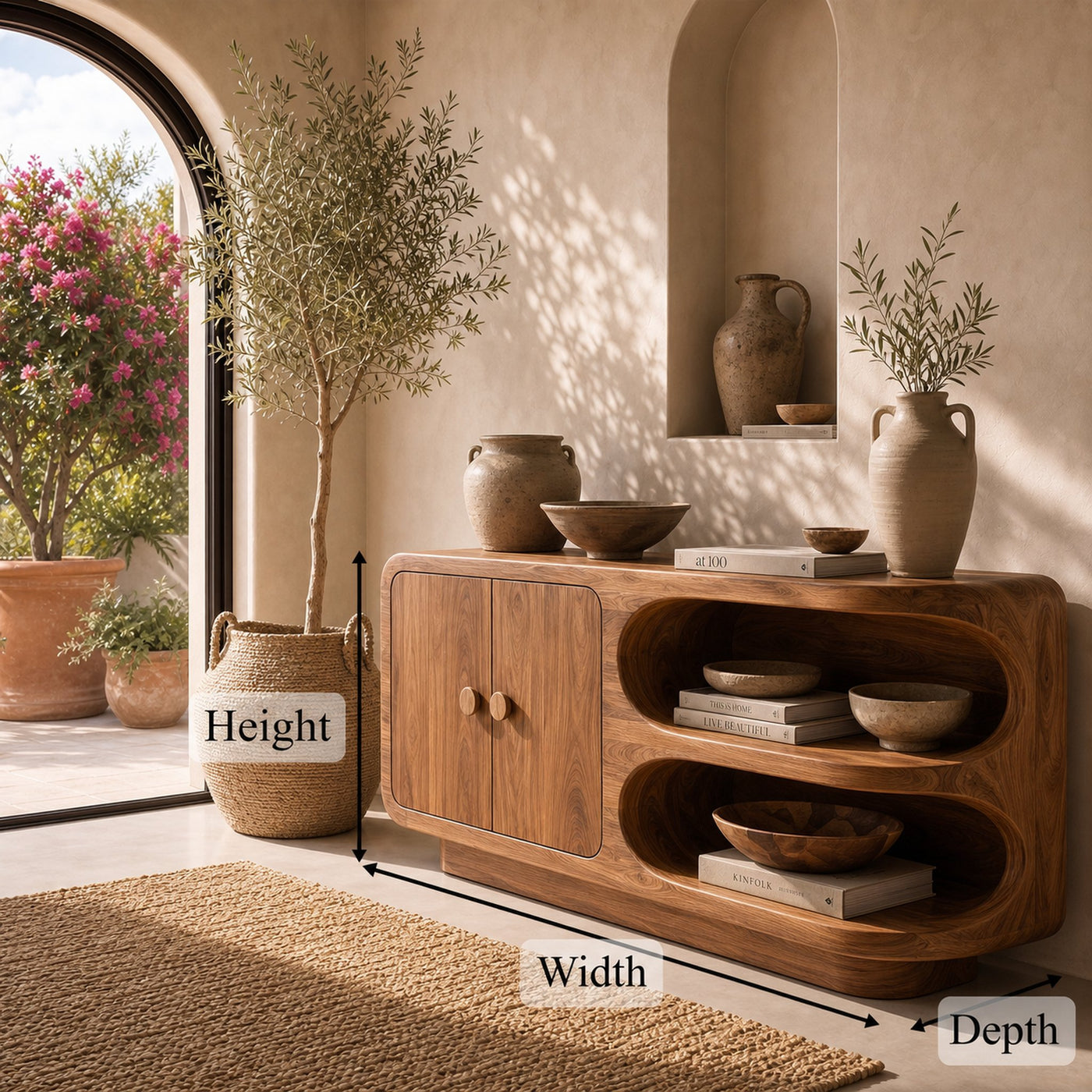 Organic Sideboard With Rounded Solid Wood Frame And Open Display Shelves For Living Room - product view 8