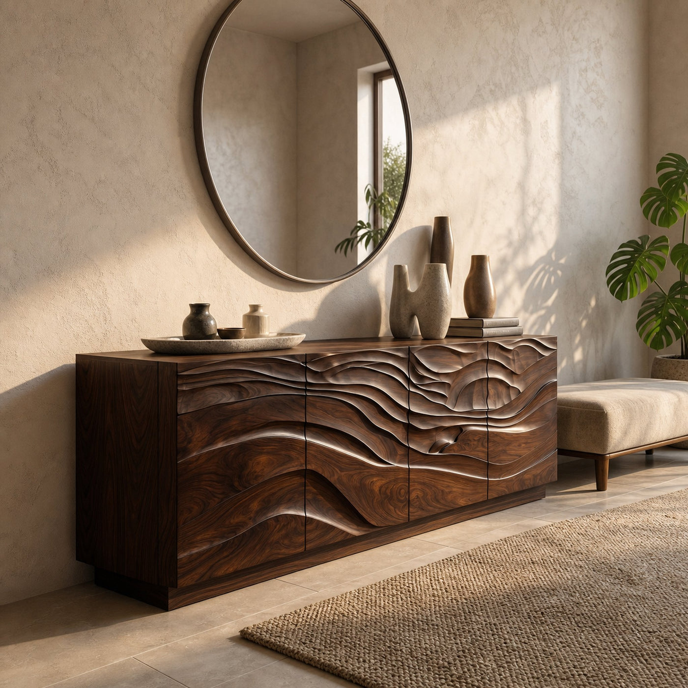 Organic Sideboard With Sculptural Wave Carved Wood Front For Living Room