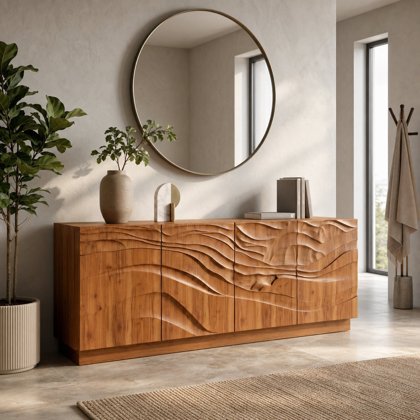 Organic Sideboard With Sculptural Wave Carved Wood Front For Living Room - product view 6