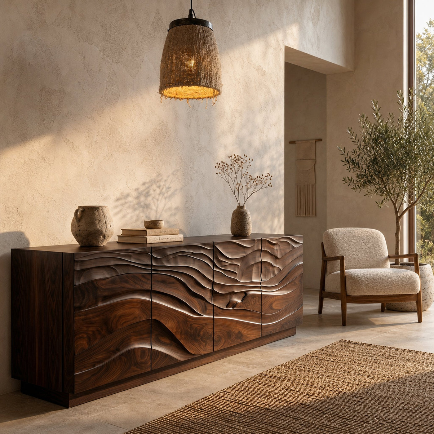 Organic Sideboard With Sculptural Wave Carved Wood Front For Living Room - product view 7