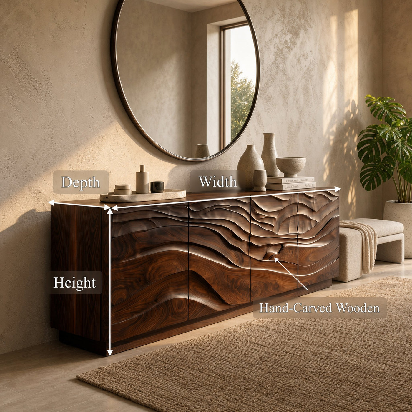 Organic Sideboard With Sculptural Wave Carved Wood Front For Living Room - product view 8