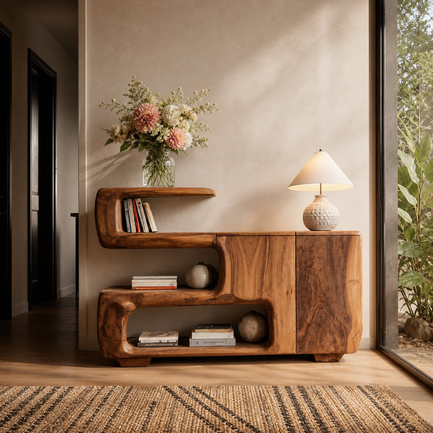 Organic Sideboard With Shelves And Cabinet For Living Room