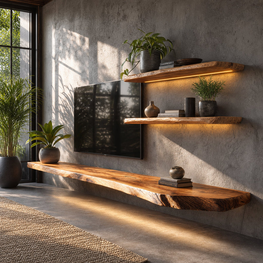 Organic Solid Wood TV Wall Shelf Soft Glow Interior Decor