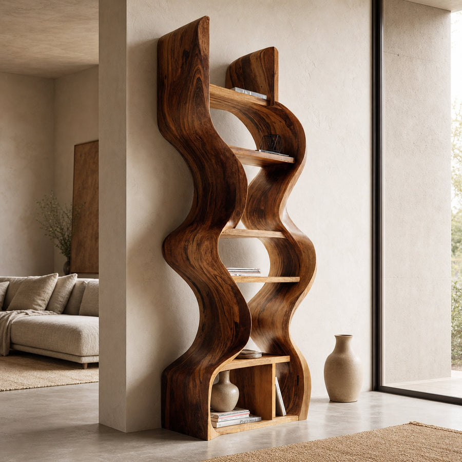 Organic Solid Wood Wall Bookcase For Modern Entryway