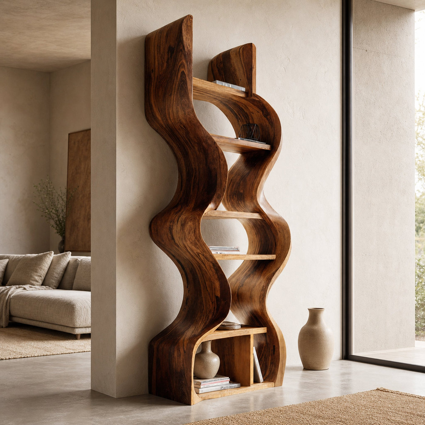 Organic Solid Wood Wall Bookcase For Modern Entryway