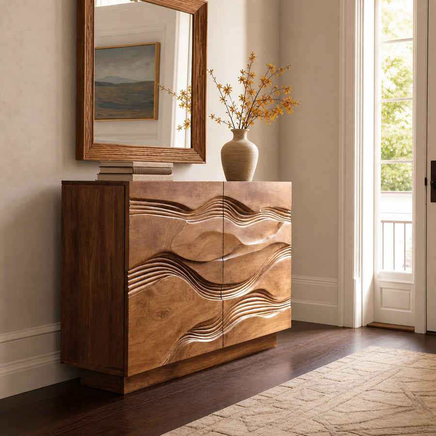 Organic Storage Cabinet Hand Carved Wave Pattern For Home Decor