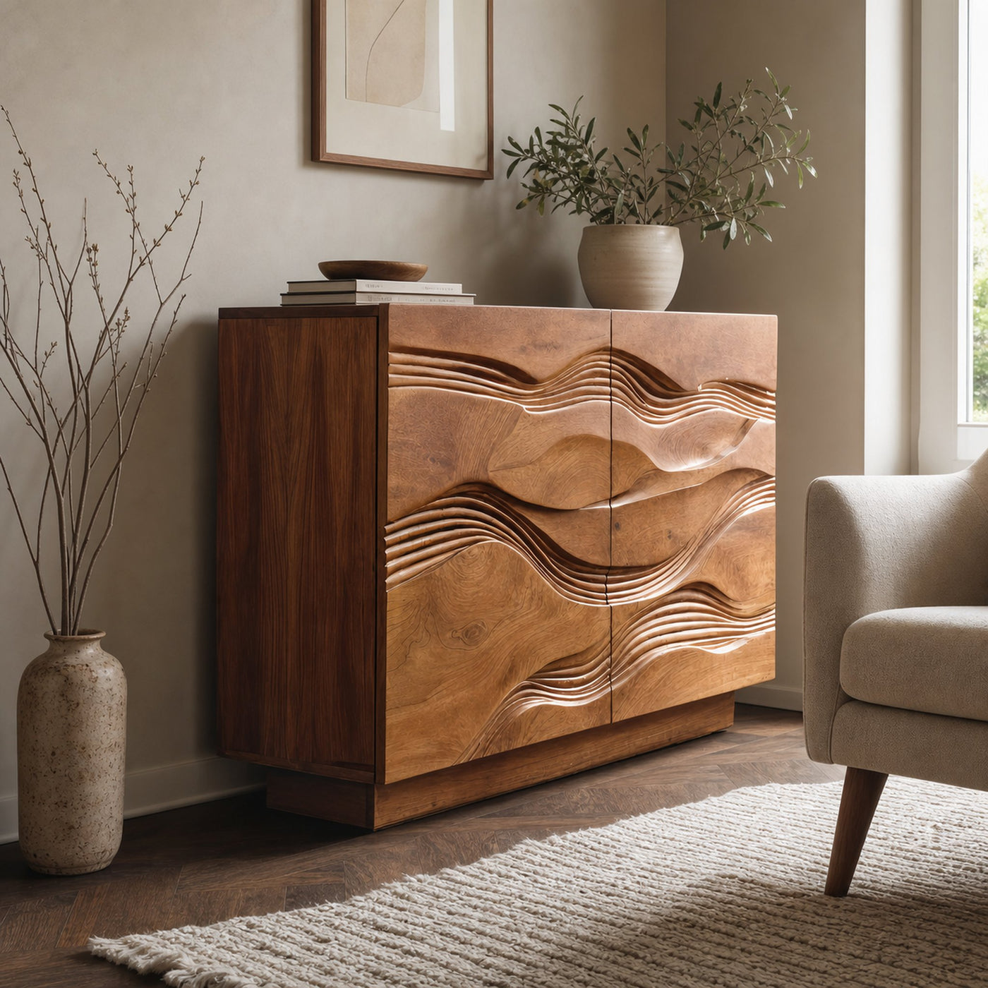 Organic Storage Cabinet Hand Carved Wave Pattern For Home Decor - product view 2
