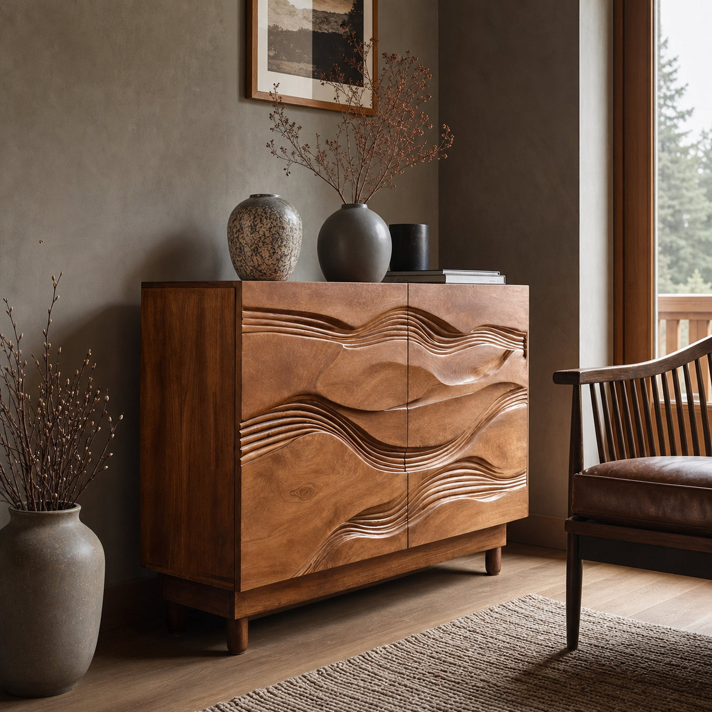 Organic Storage Cabinet Hand Carved Wave Pattern For Home Decor - product view 3