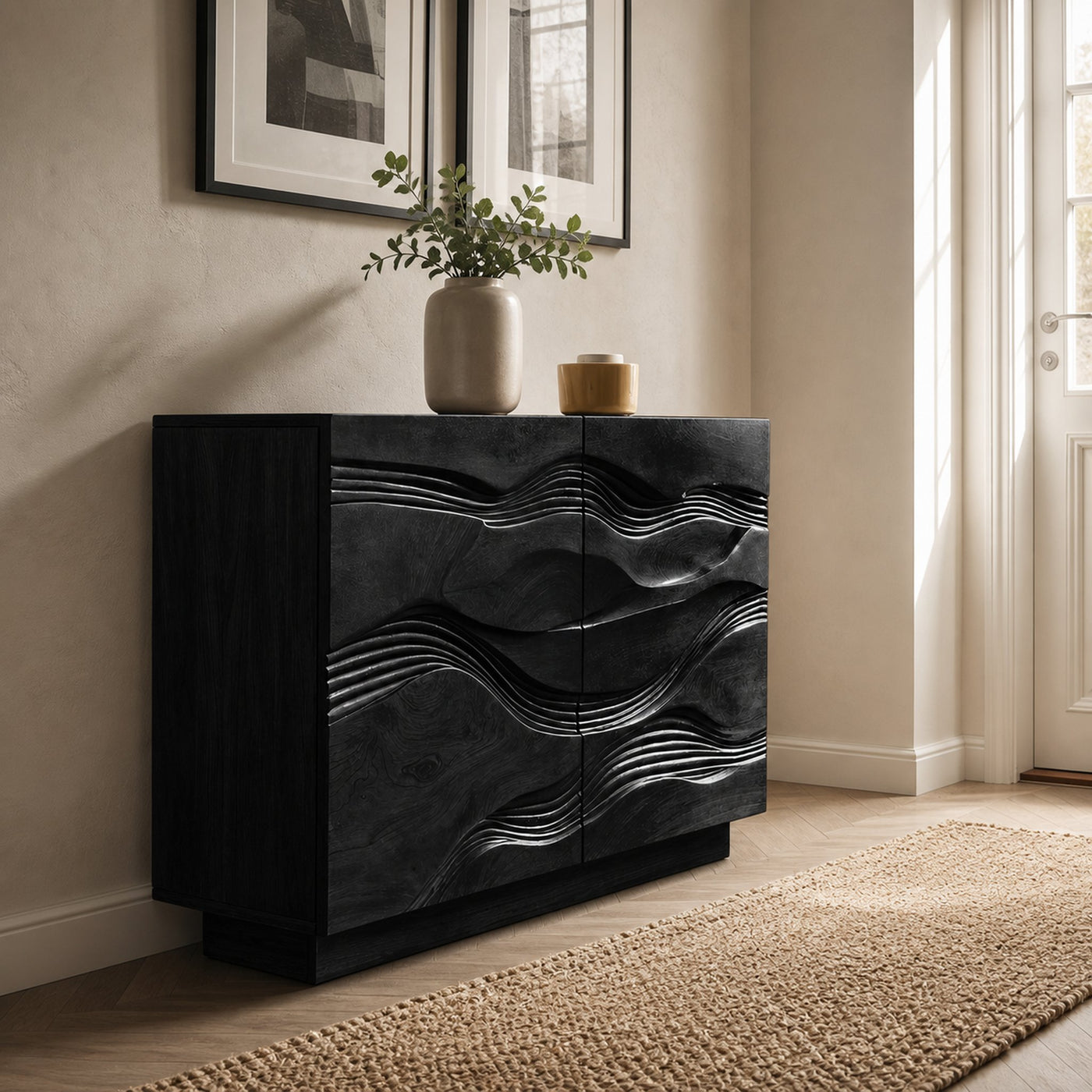 Organic Storage Cabinet Hand Carved Wave Pattern For Home Decor - product view 4