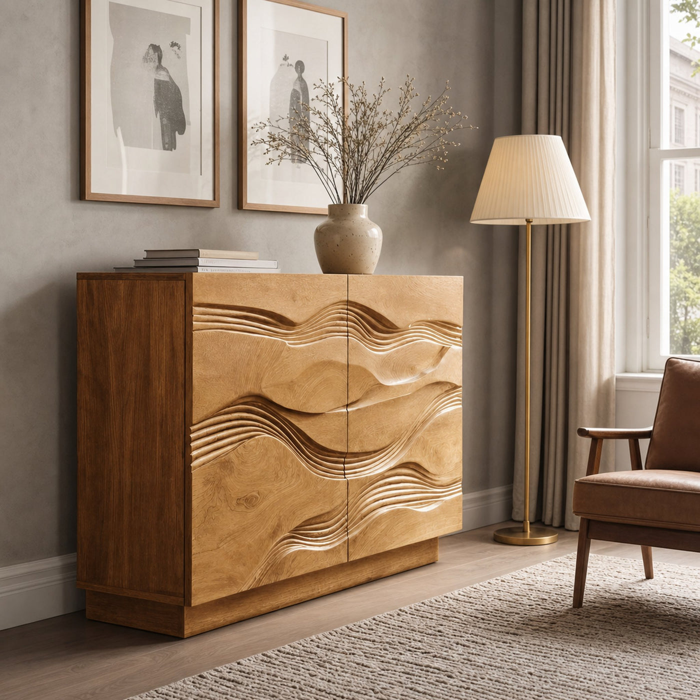 Organic Storage Cabinet Hand Carved Wave Pattern For Home Decor - product view 5