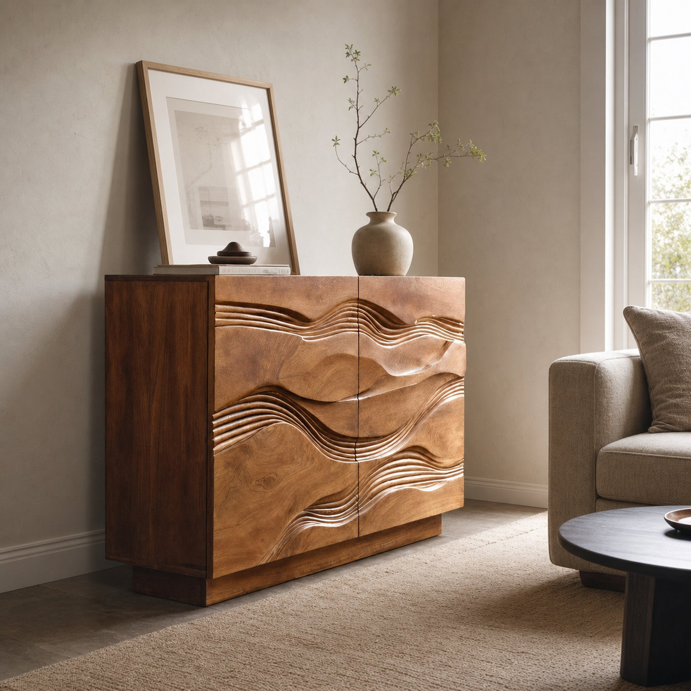 Organic Storage Cabinet Hand Carved Wave Pattern For Home Decor - product view 6