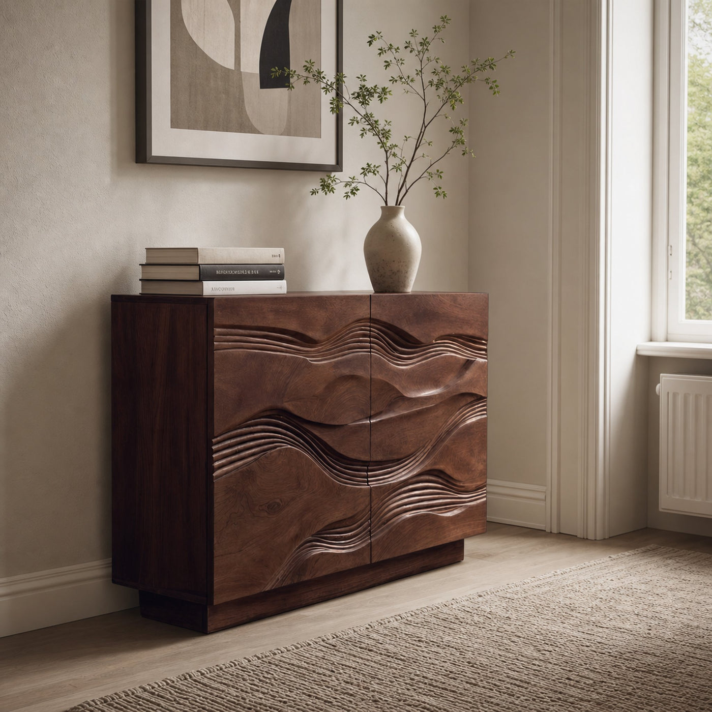 Organic Storage Cabinet Hand Carved Wave Pattern For Home Decor - product view 7