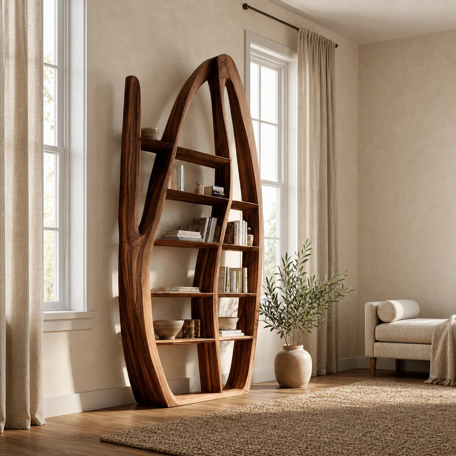 Organic Style Sculptural Wooden Bookshelf For Living Room