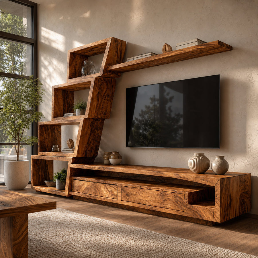 Organic TV Cabinet With Artistic Open Shelving System For Living Room