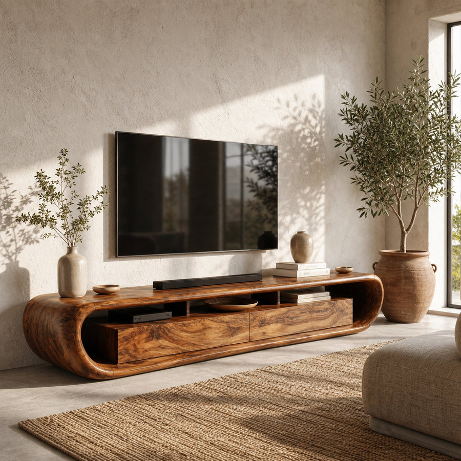 Organic TV Cabinet With Built In Storage And Rounded Curved Edges For Living Room
