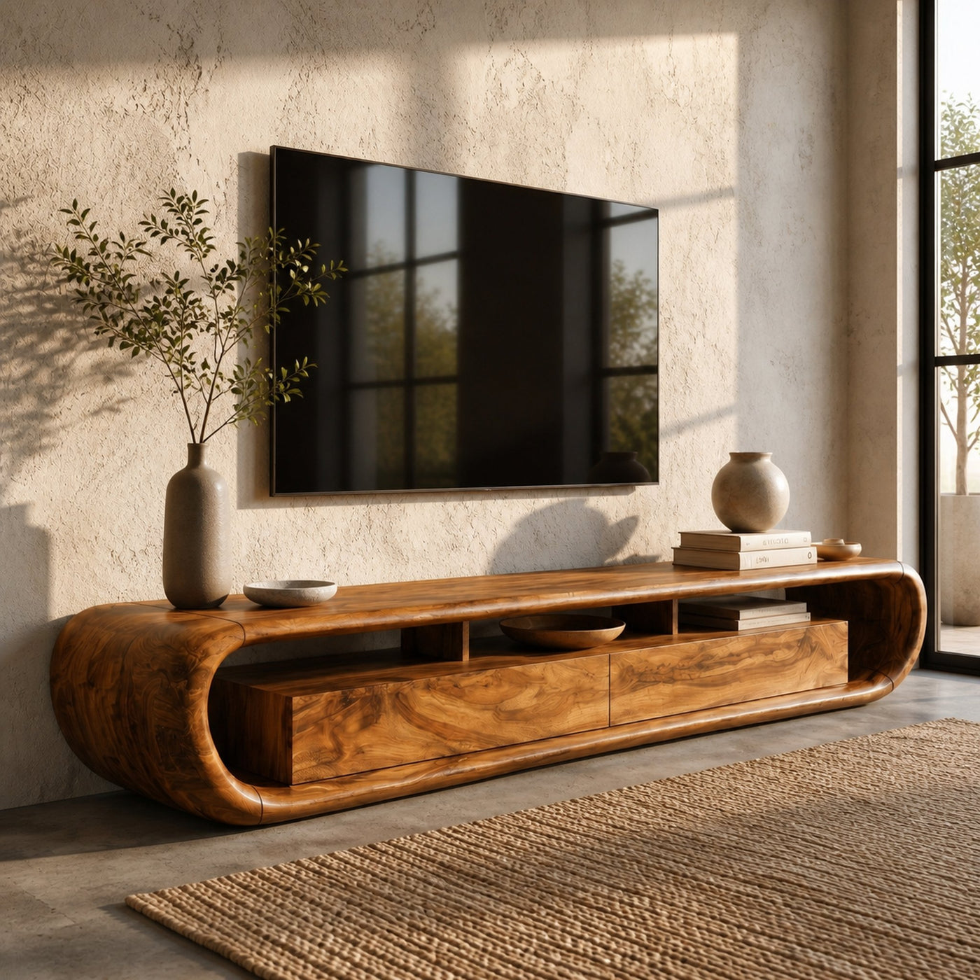 Organic TV Cabinet With Built In Storage And Rounded Curved Edges For Living Room - product view 6