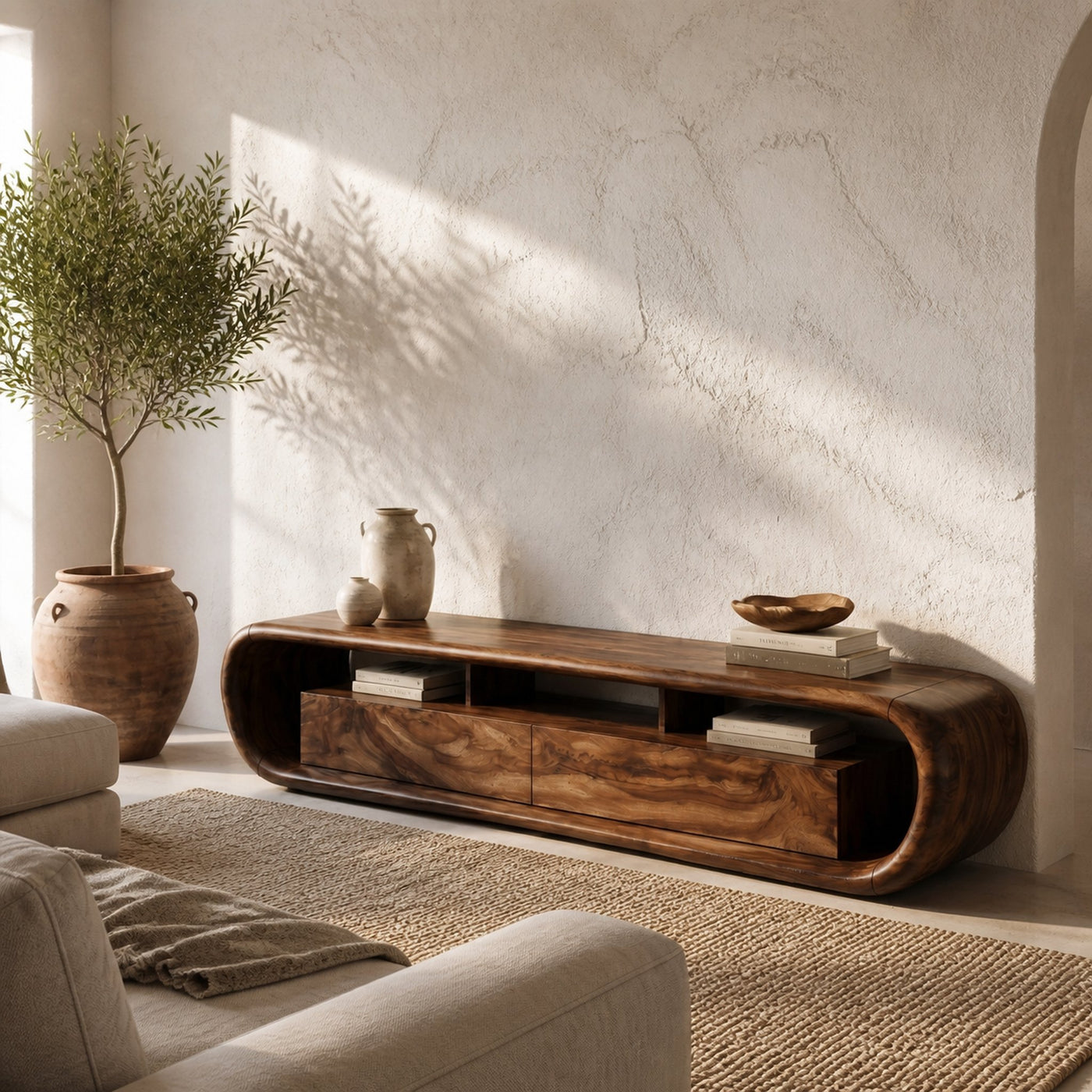 Organic TV Cabinet With Built In Storage And Rounded Curved Edges For Living Room - product view 7