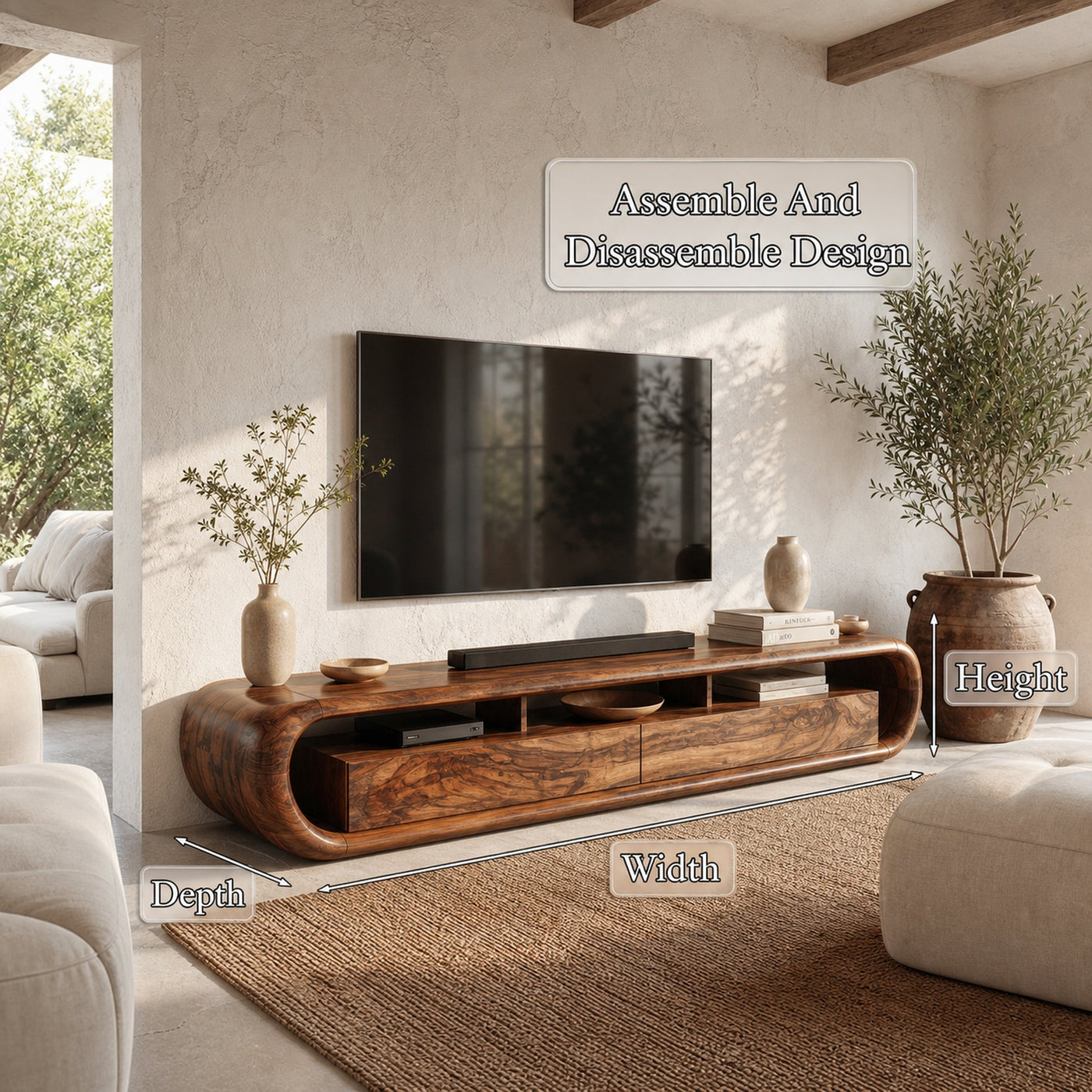 Organic TV Cabinet With Built In Storage And Rounded Curved Edges For Living Room - product view 8