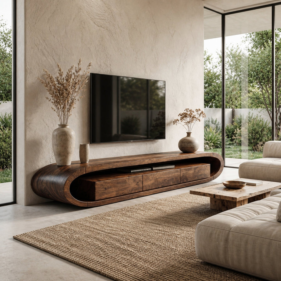 Organic TV Cabinet With Curved Solid Wood Design And Built In Drawer Storage For Living Room