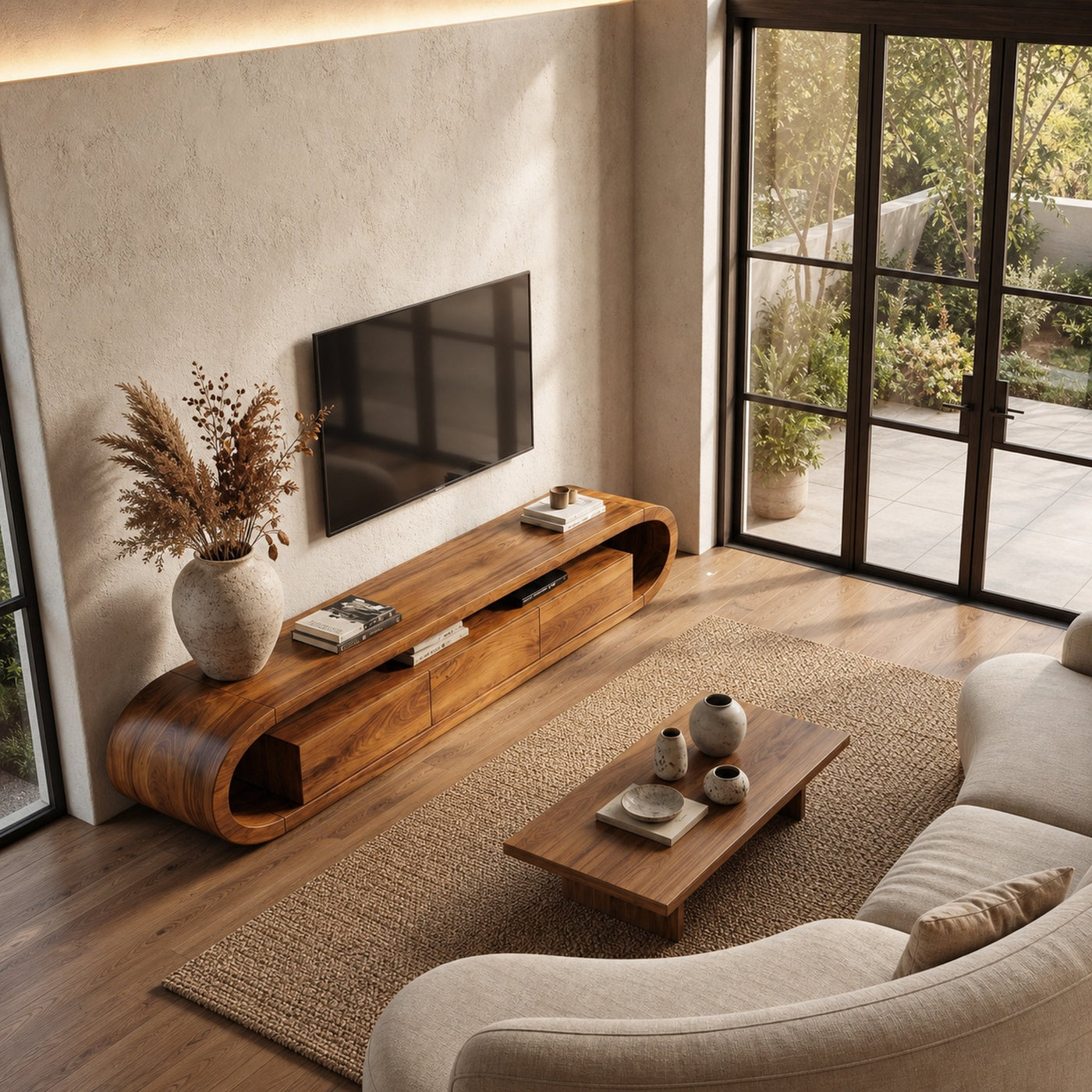 Organic TV Cabinet With Curved Solid Wood Design And Built In Drawer Storage For Living Room - product view 6