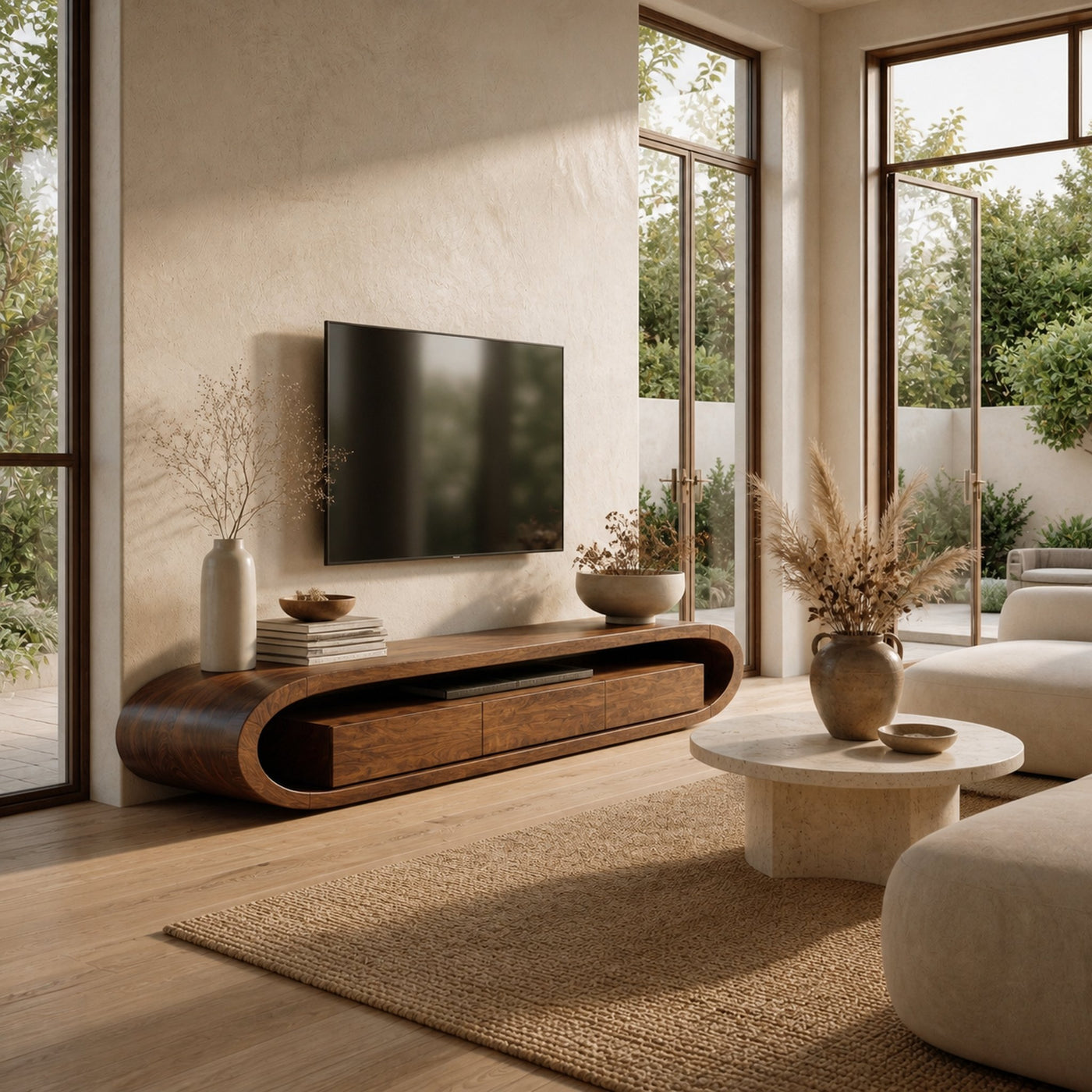 Organic TV Cabinet With Curved Solid Wood Design And Built In Drawer Storage For Living Room - product view 7