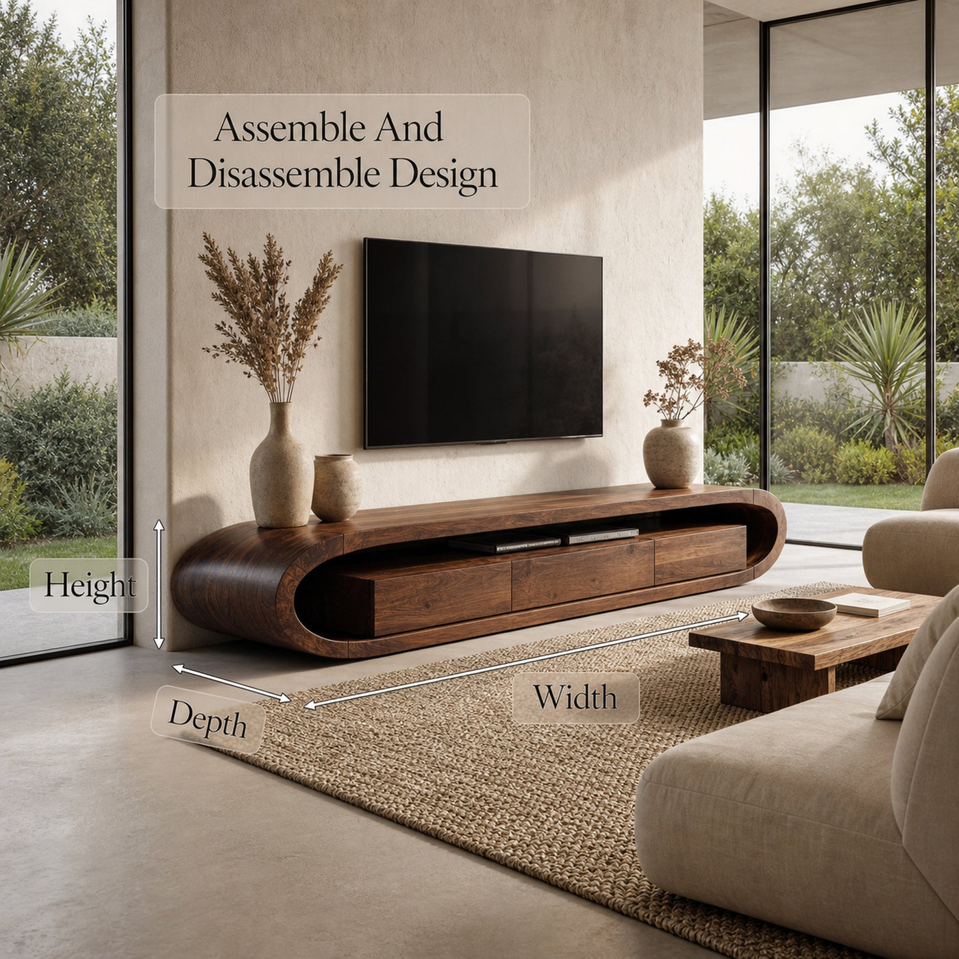 Organic TV Cabinet With Curved Solid Wood Design And Built In Drawer Storage For Living Room - product view 8