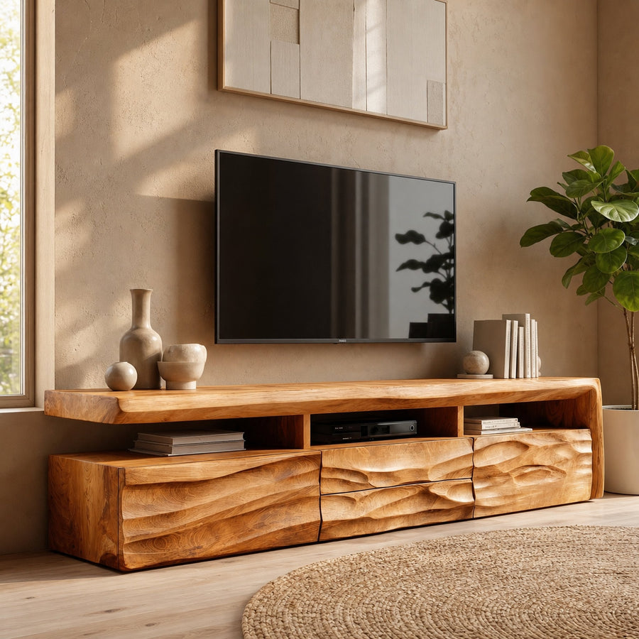 Organic TV Cabinet With Hand Carved Solid Wood Front And Open Media Storage For Living Room