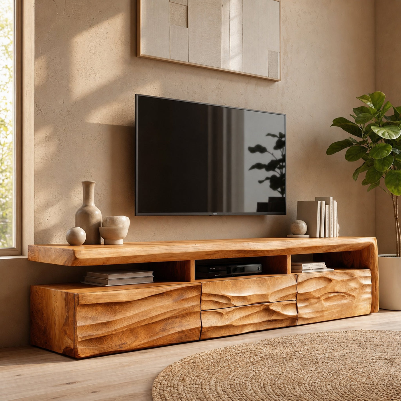 Organic TV Cabinet With Hand Carved Solid Wood Front And Open Media Storage For Living Room