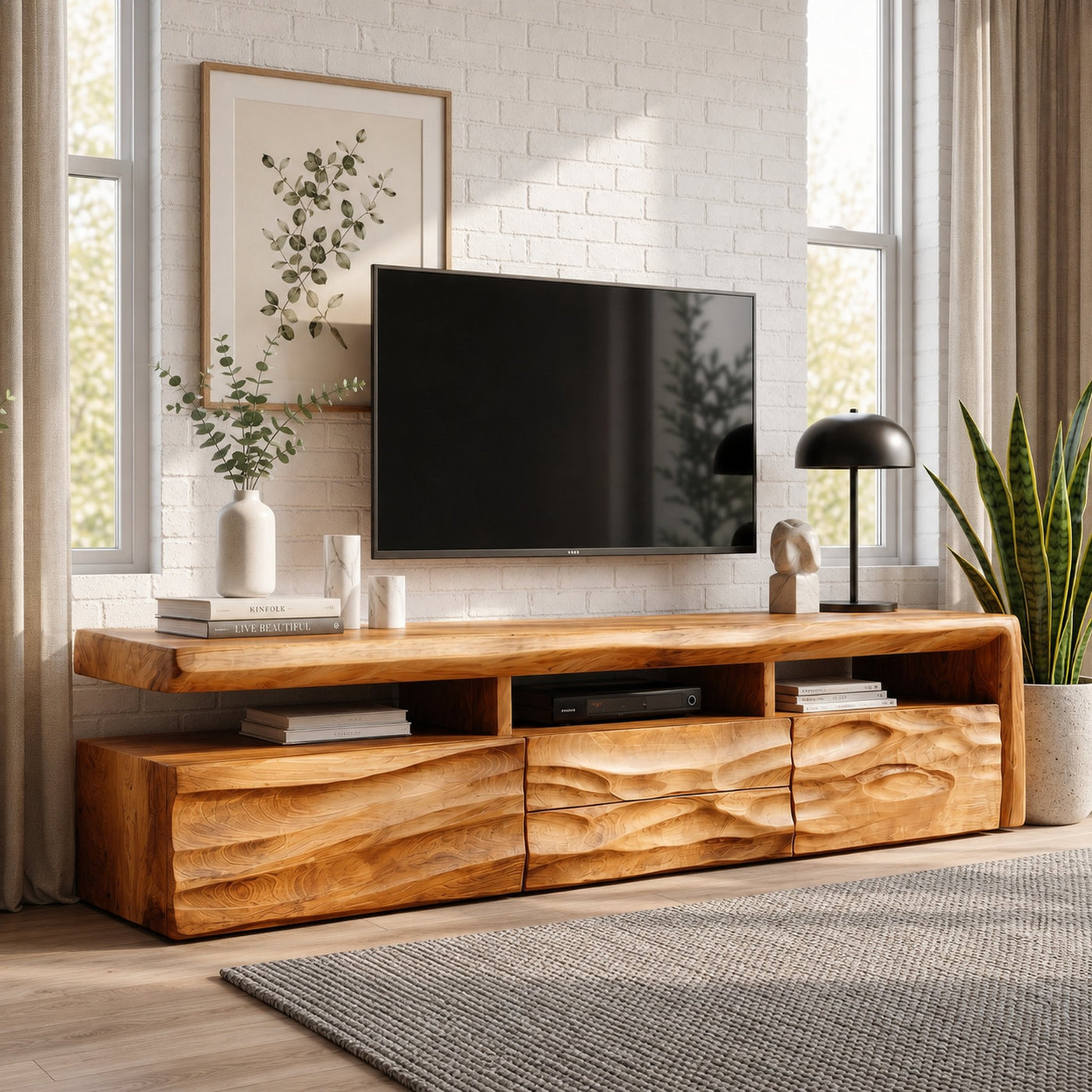 Organic TV Cabinet With Hand Carved Solid Wood Front And Open Media Storage For Living Room - product view 6