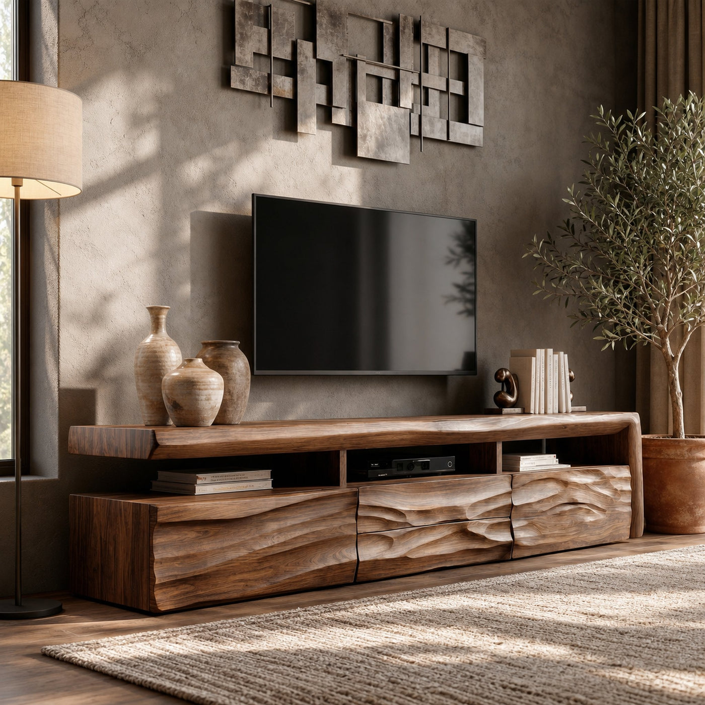 Organic TV Cabinet With Hand Carved Solid Wood Front And Open Media Storage For Living Room - product view 7