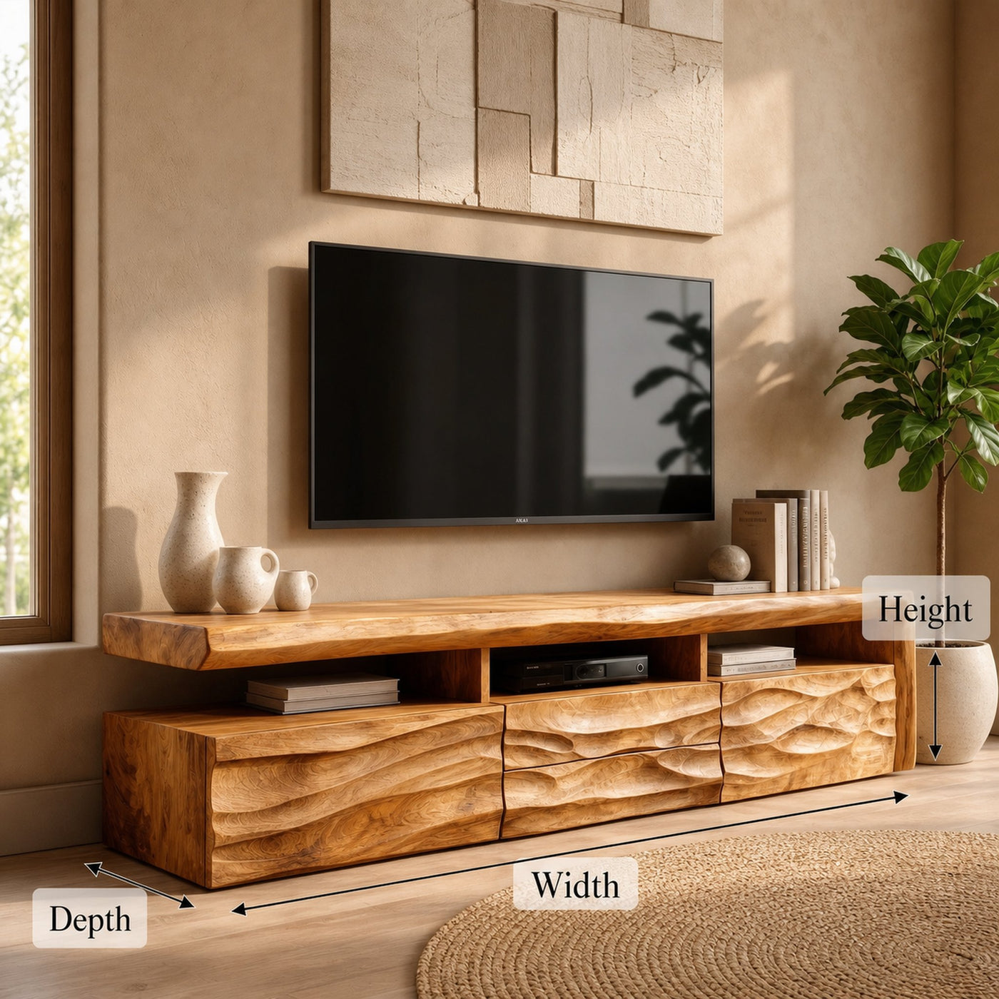 Organic TV Cabinet With Hand Carved Solid Wood Front And Open Media Storage For Living Room - product view 8
