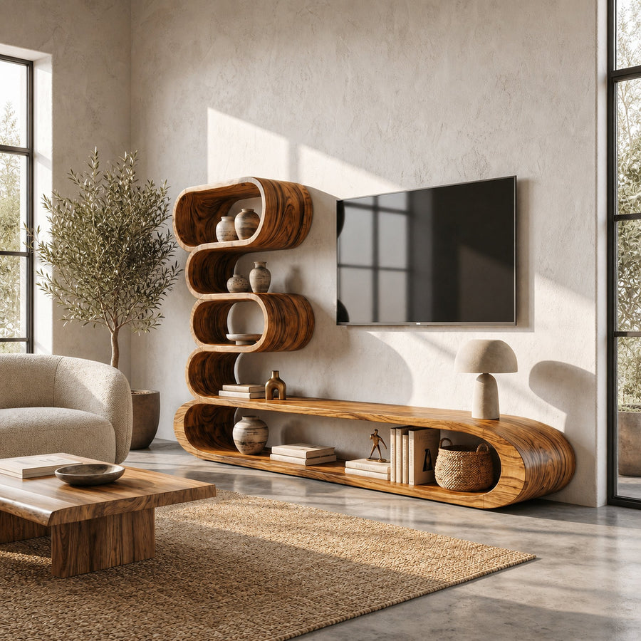 Organic TV Cabinet With Integrated Display Shelves And Rounded Storage Design For Living Room