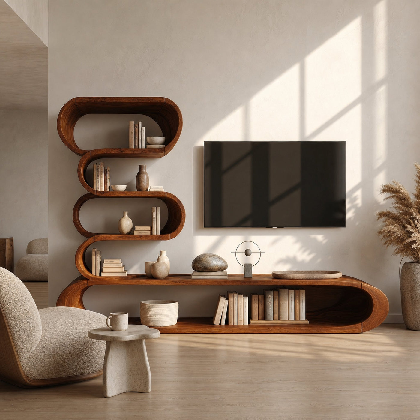 Organic TV Cabinet With Integrated Display Shelves And Rounded Storage Design For Living Room - product view 6