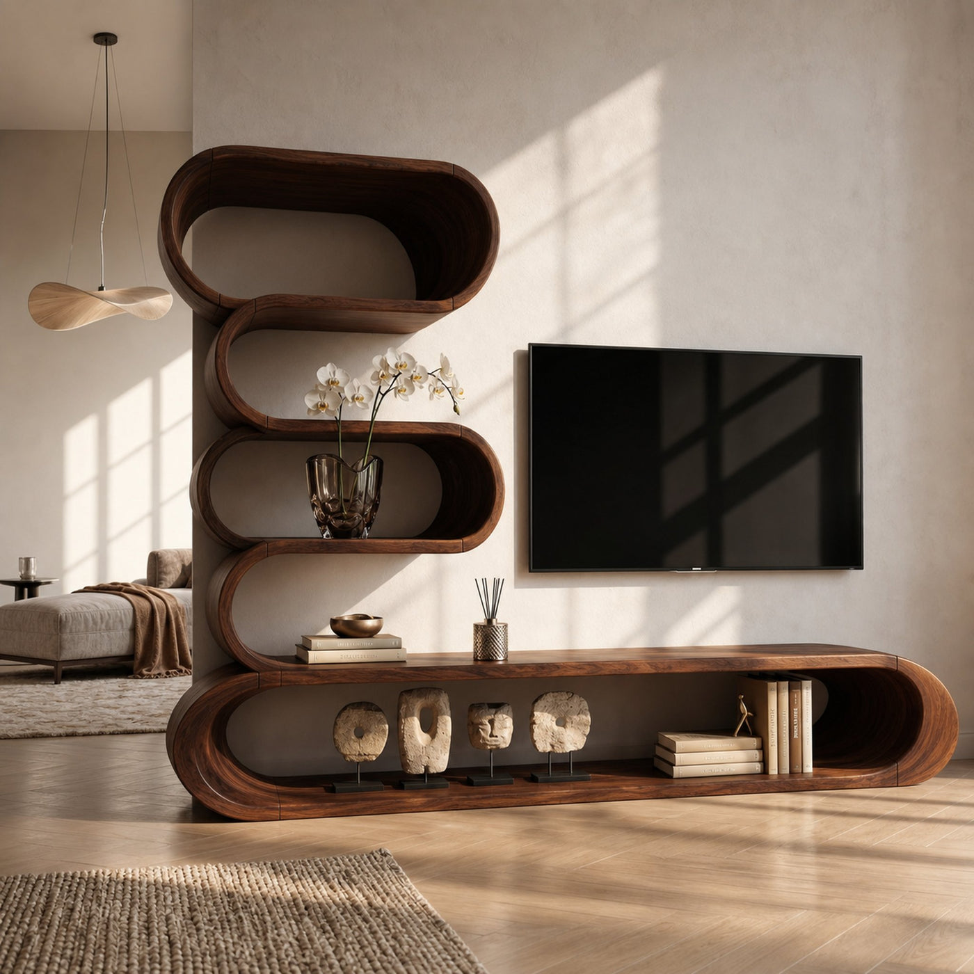 Organic TV Cabinet With Integrated Display Shelves And Rounded Storage Design For Living Room - product view 7