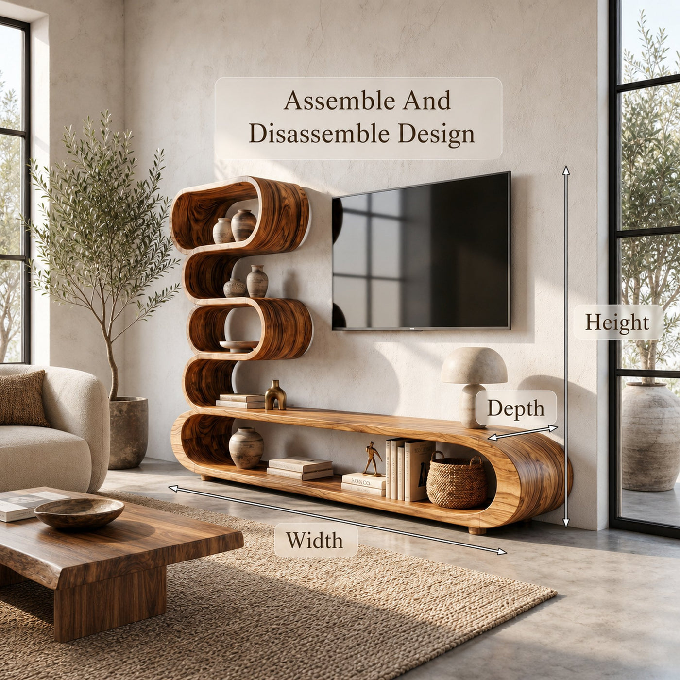 Organic TV Cabinet With Integrated Display Shelves And Rounded Storage Design For Living Room - product view 8