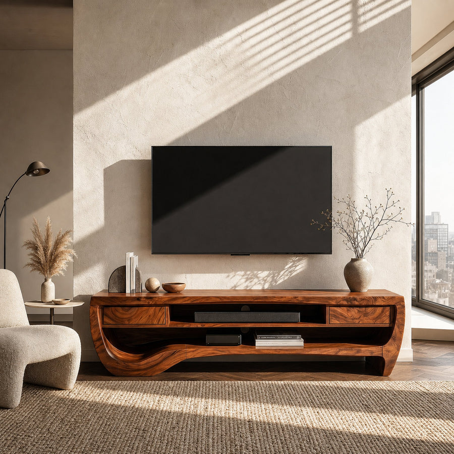 Organic TV Cabinet With Open Storage And Sculptural Curved Wood Design For Living Room