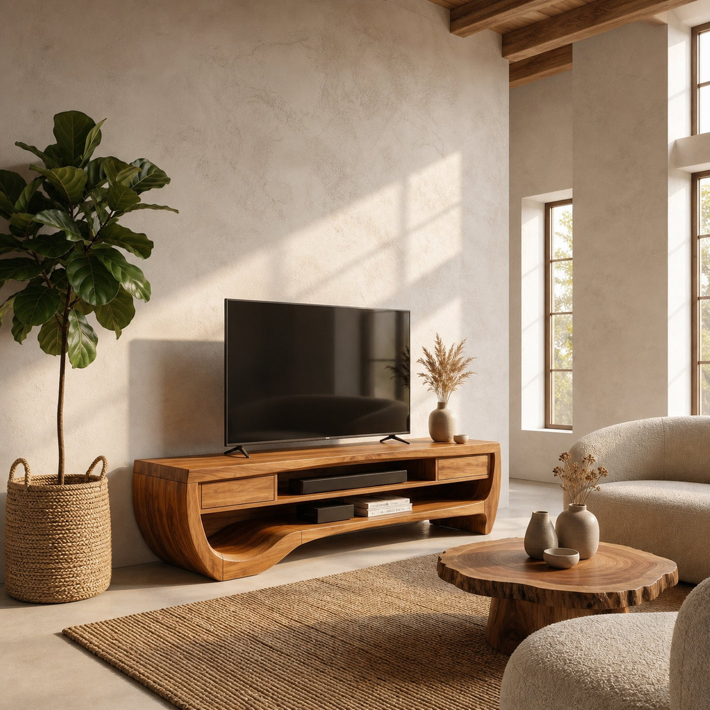 Organic TV Cabinet With Open Storage And Sculptural Curved Wood Design For Living Room - product view 6