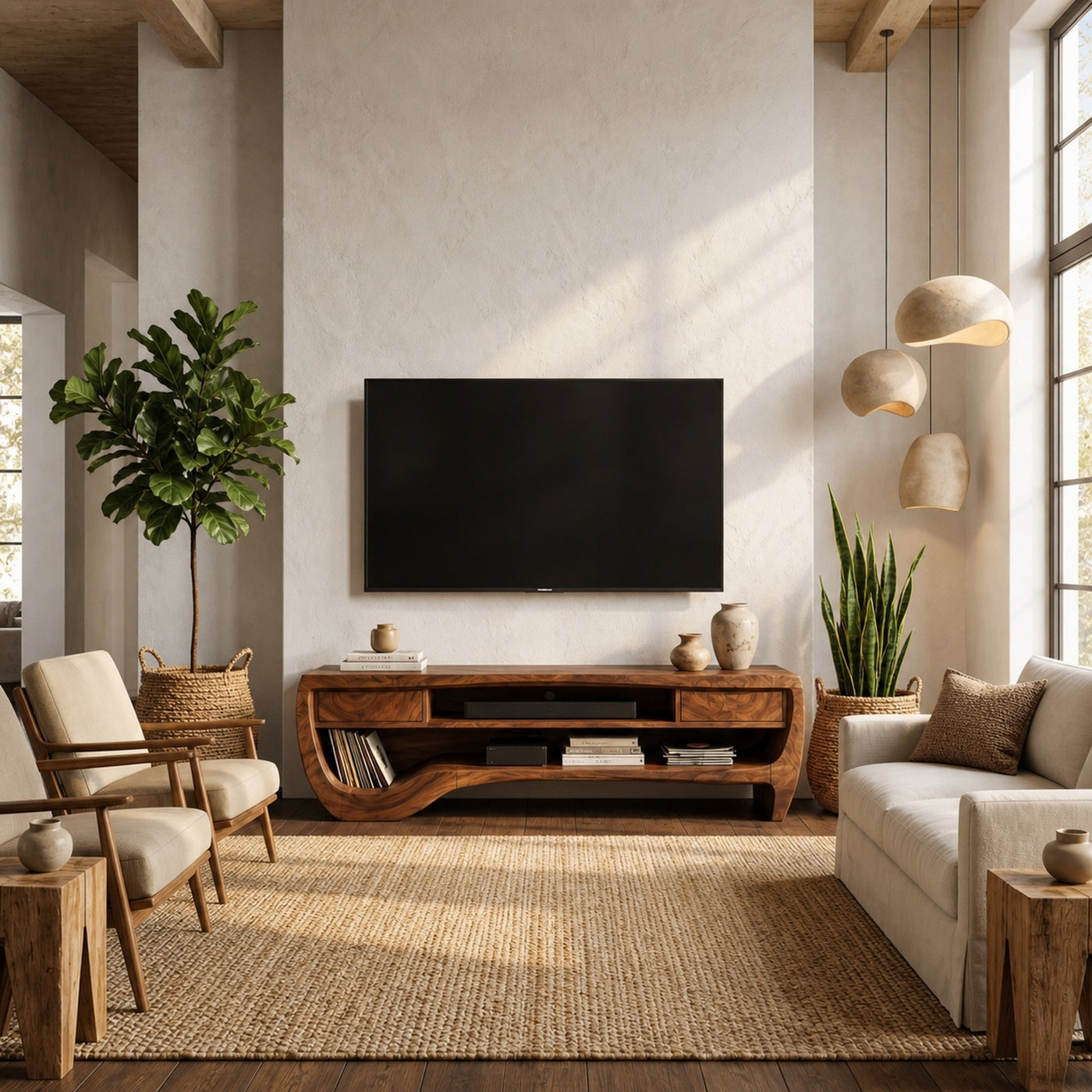 Organic TV Cabinet With Open Storage And Sculptural Curved Wood Design For Living Room - product view 7