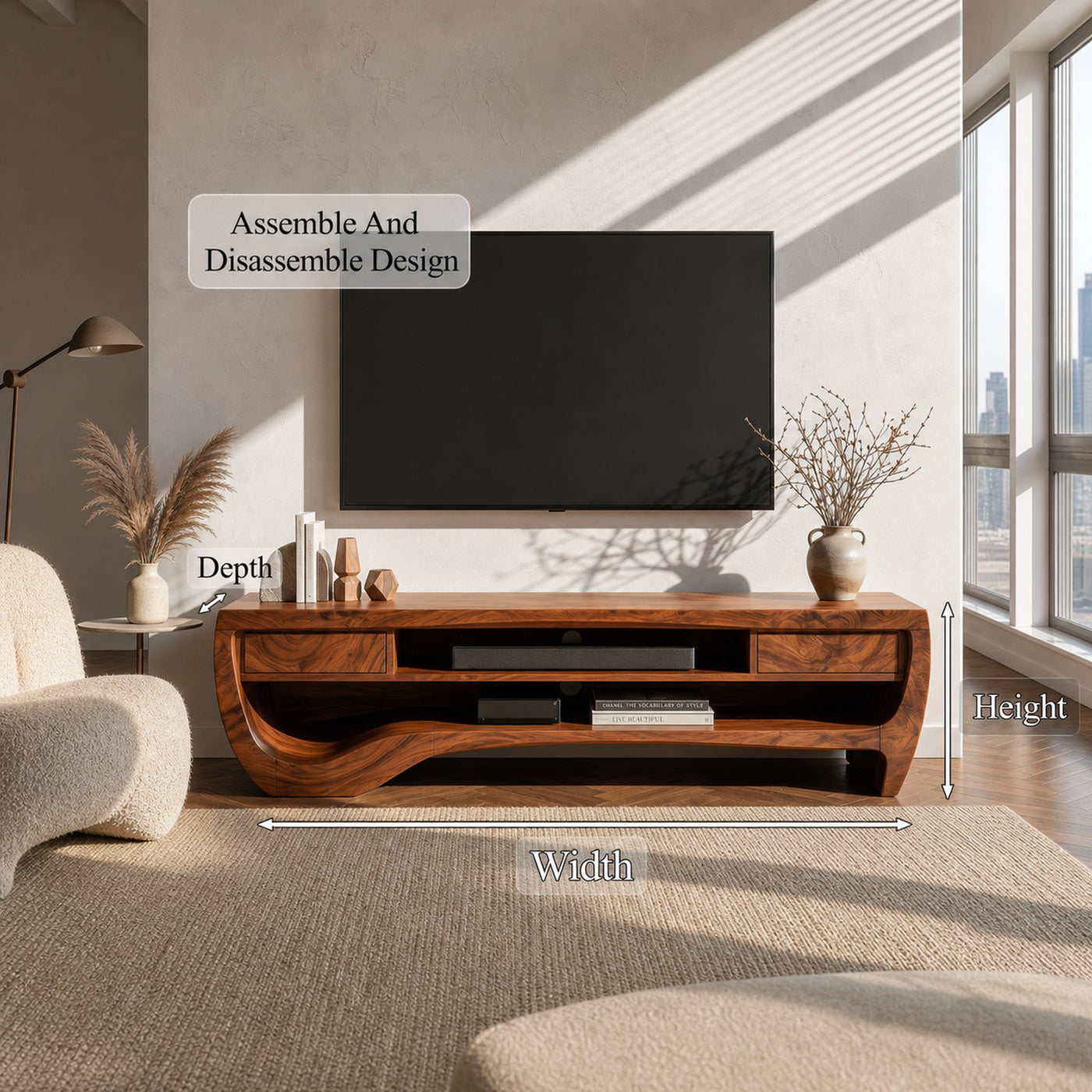 Organic TV Cabinet With Open Storage And Sculptural Curved Wood Design For Living Room - product view 8