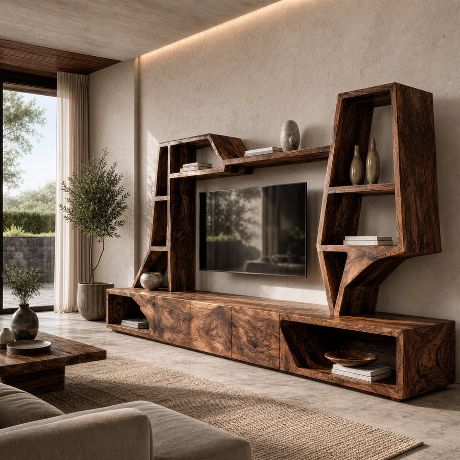 Organic TV Cabinet With Sculptural Branch Shelving And Wall Mounted Storage For Living Room
