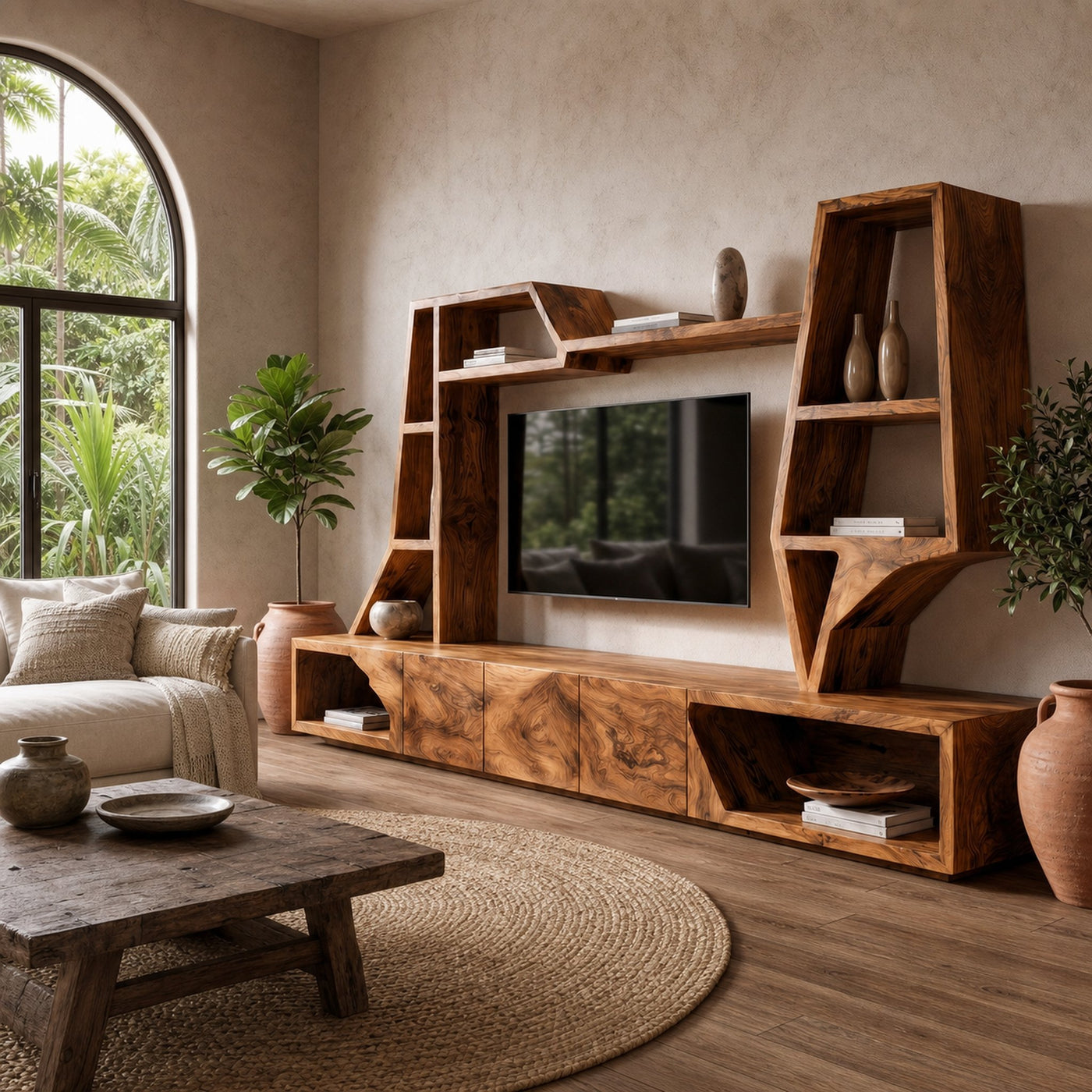 Organic TV Cabinet With Sculptural Branch Shelving And Wall Mounted Storage For Living Room - product view 6
