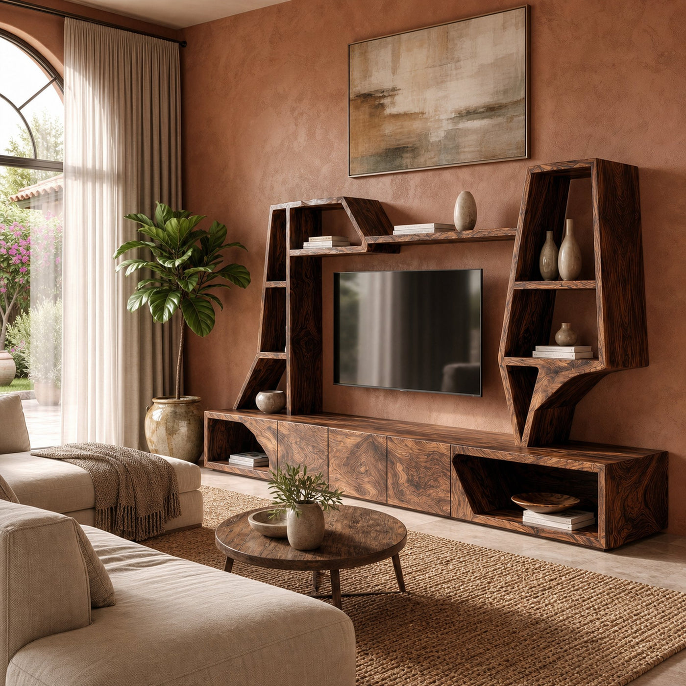 Organic TV Cabinet With Sculptural Branch Shelving And Wall Mounted Storage For Living Room - product view 7