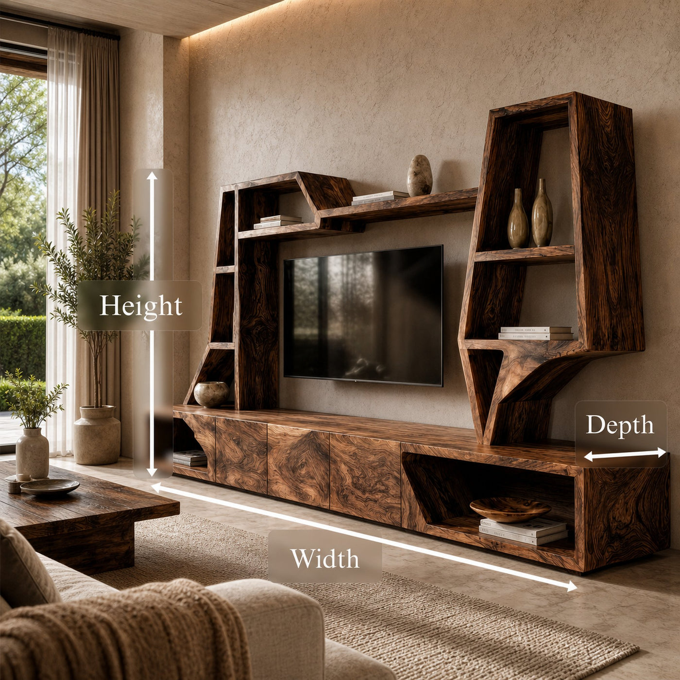 Organic TV Cabinet With Sculptural Branch Shelving And Wall Mounted Storage For Living Room - product view 8