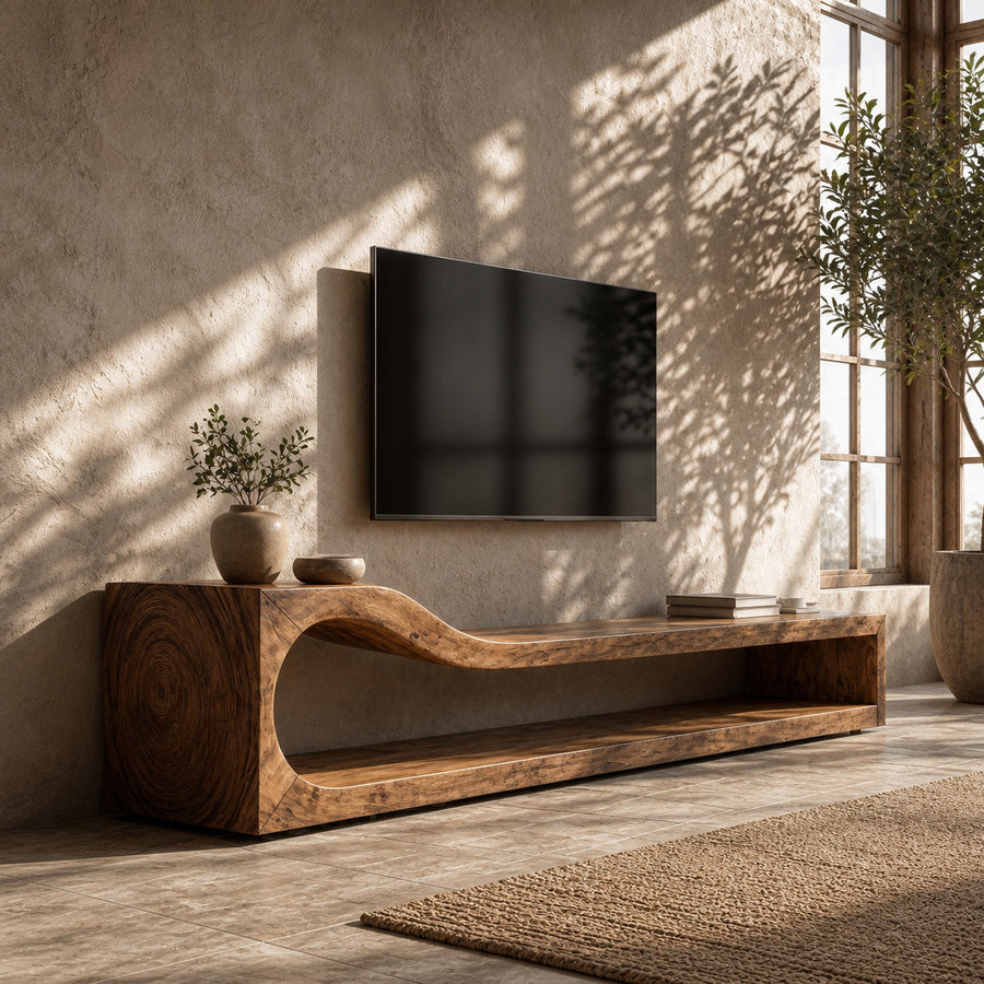 Organic TV Cabinet With Sculptural Wave Wood Base And Solid Wood Media Console For Living Room