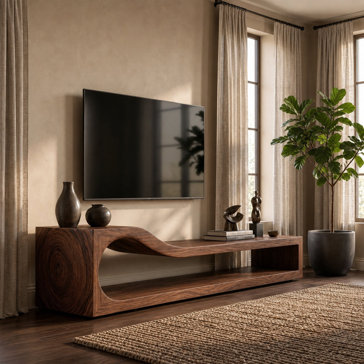 Organic TV Cabinet With Sculptural Wave Wood Base And Solid Wood Media Console For Living Room - product view 7