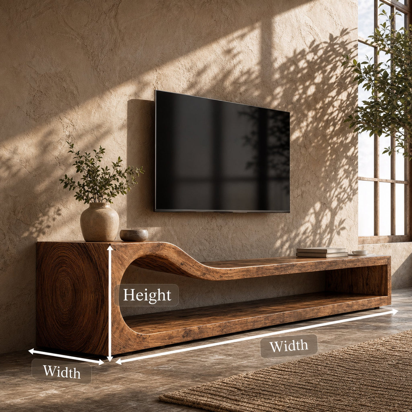 Organic TV Cabinet With Sculptural Wave Wood Base And Solid Wood Media Console For Living Room - product view 8